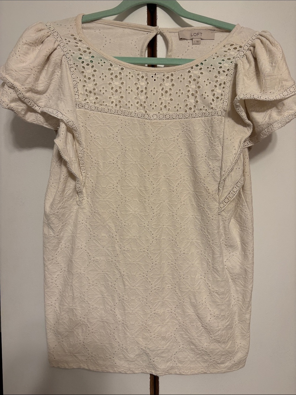 LOFT Cream Eyelet Ruffle Sleeve Blouse